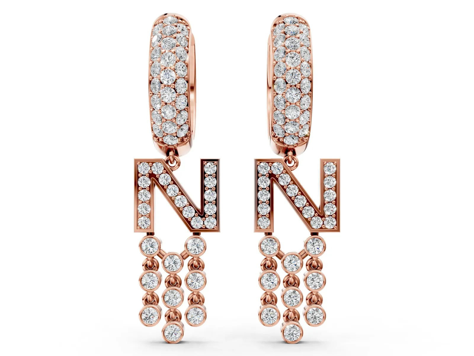 Round Diamond Initial N Huggie Hoop Earrings Rose gold