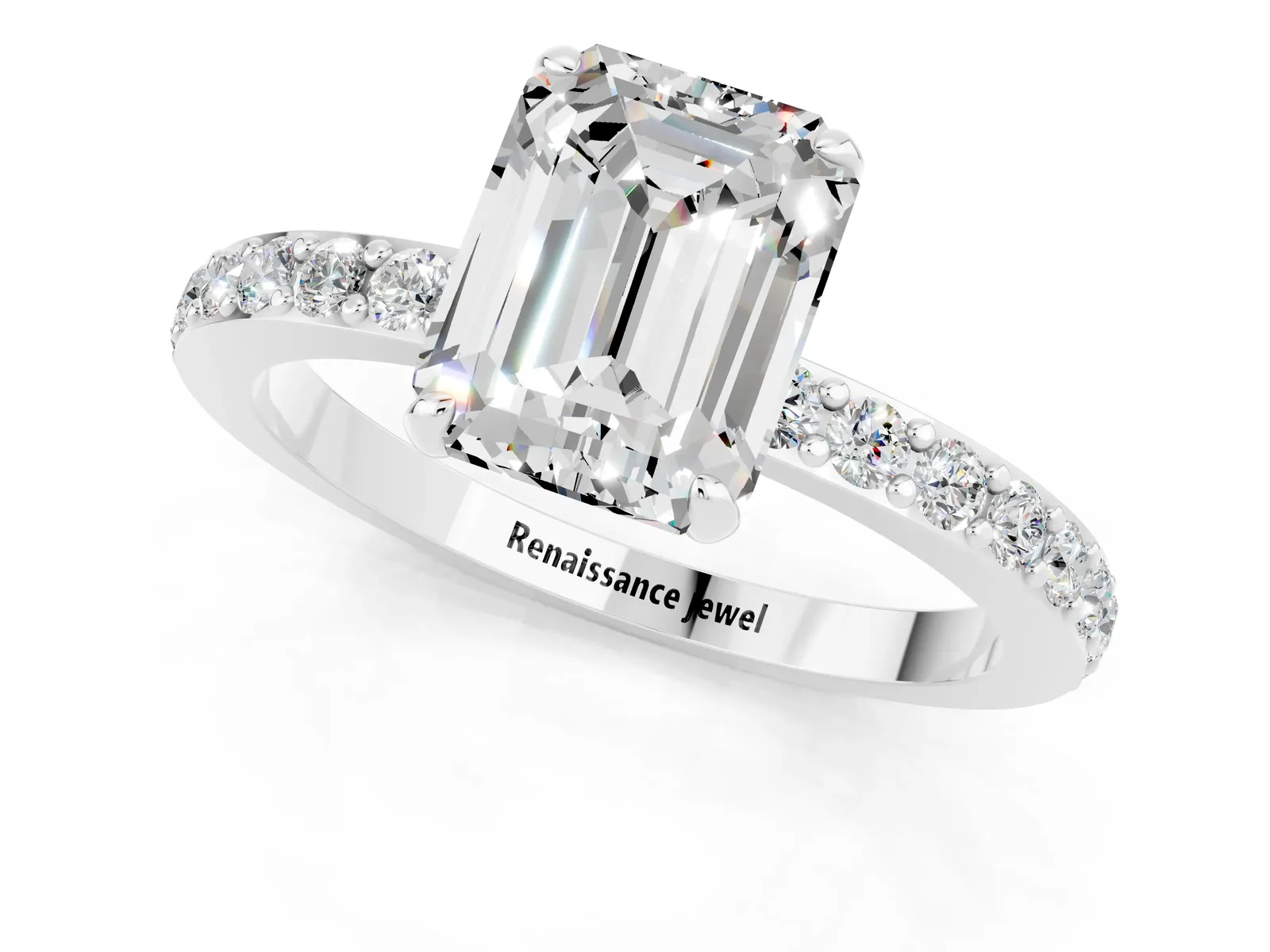 Emerald Cut Moissanite Solitaire Engagement Ring with Pavé Band and Four-Prong Setting Platinum