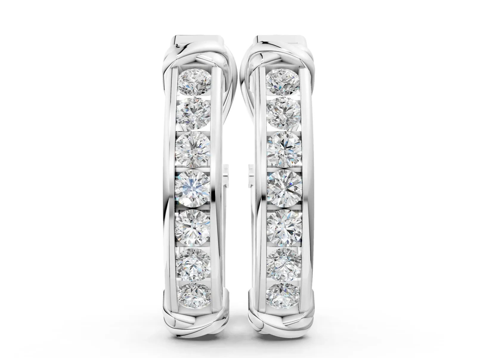 Channel-Set Round Diamond Two-Tone Hoop Earrings with Claw Prong Setting Silver