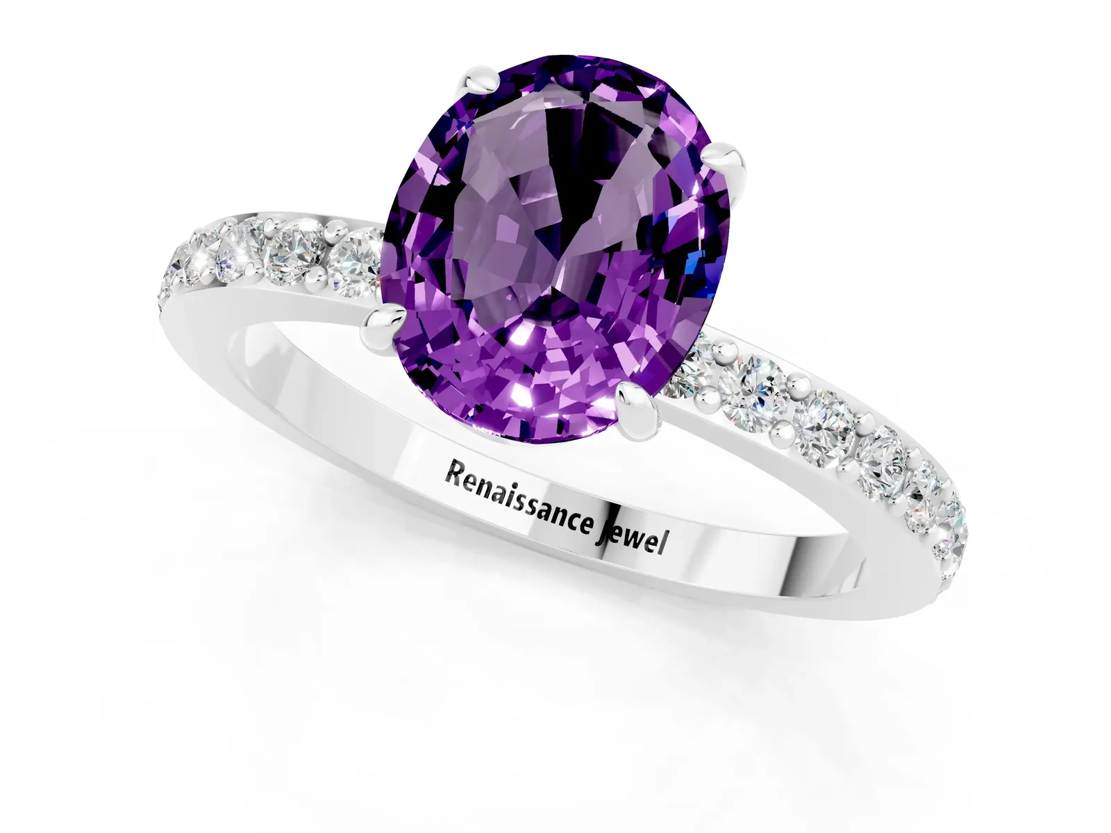 Oval Cut Amethyst Solitaire Engagement Ring with Pavé Band and Four-Prong Setting Platinum