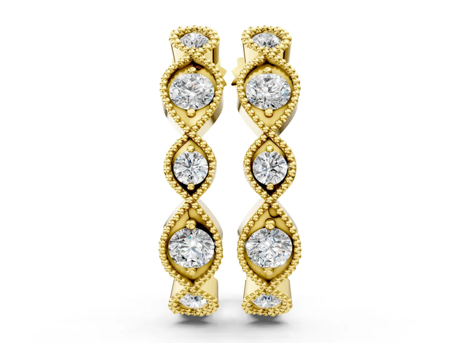 Milgrain Marquise Diamond Hoop Earrings with Bezel Setting Yellow gold