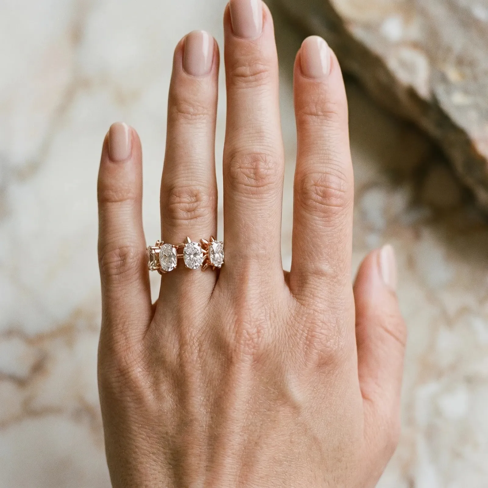Four-Stone Elongated Cushion Diamond Band with Nature-Inspired Prong Setting Rose gold