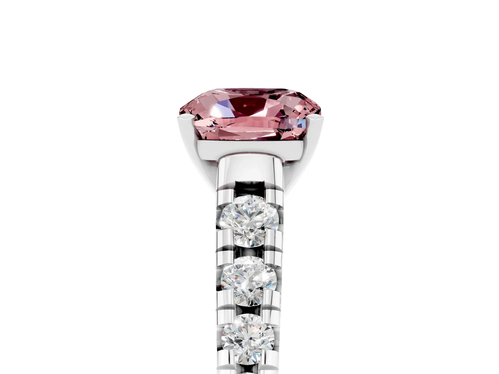 Cushion Cut Morganite Cathedral Solitaire Ring with Round Pavé Band Platinum