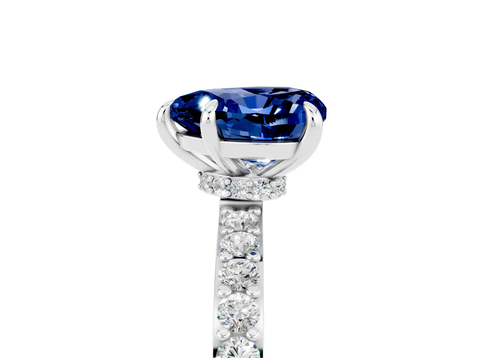 Heart Cut Blue Sapphire Solitaire Engagement Ring with Pavé Band and Four-Prong Setting Platinum