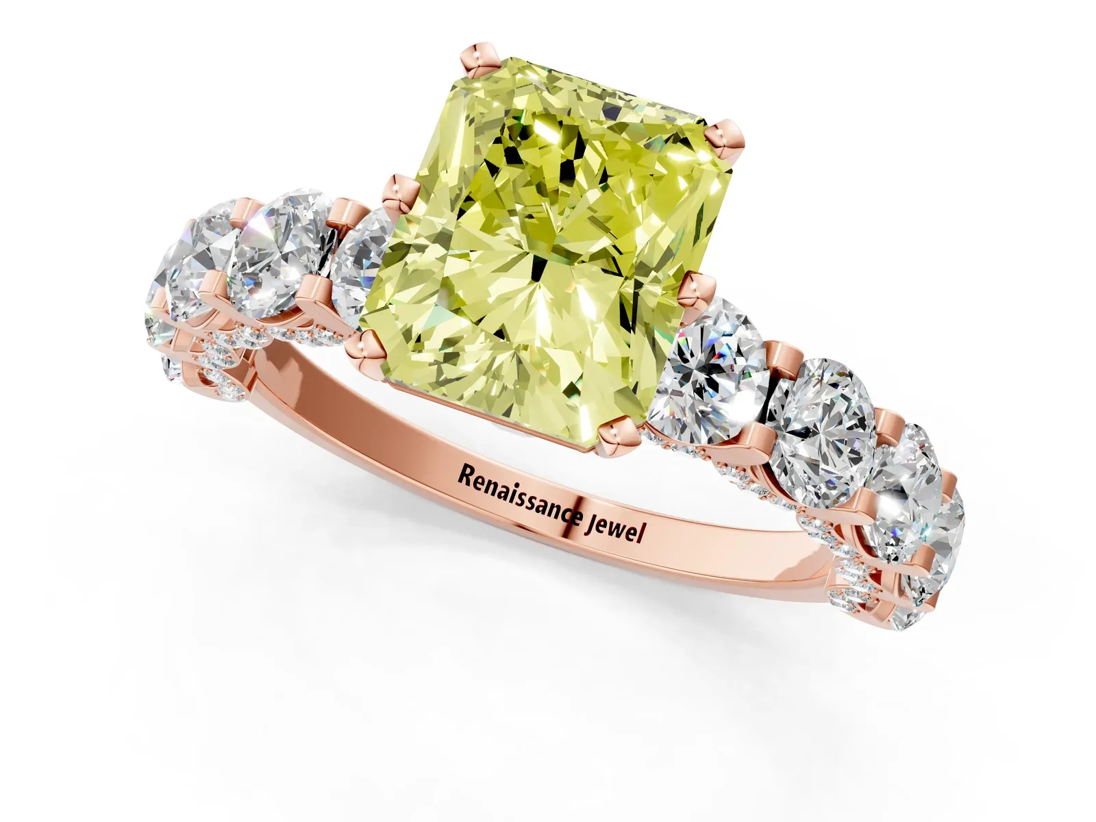 Fancy Yellow Radiant Cut Diamond Side Stone Engagement Ring with Four-Prong Setting Rose gold