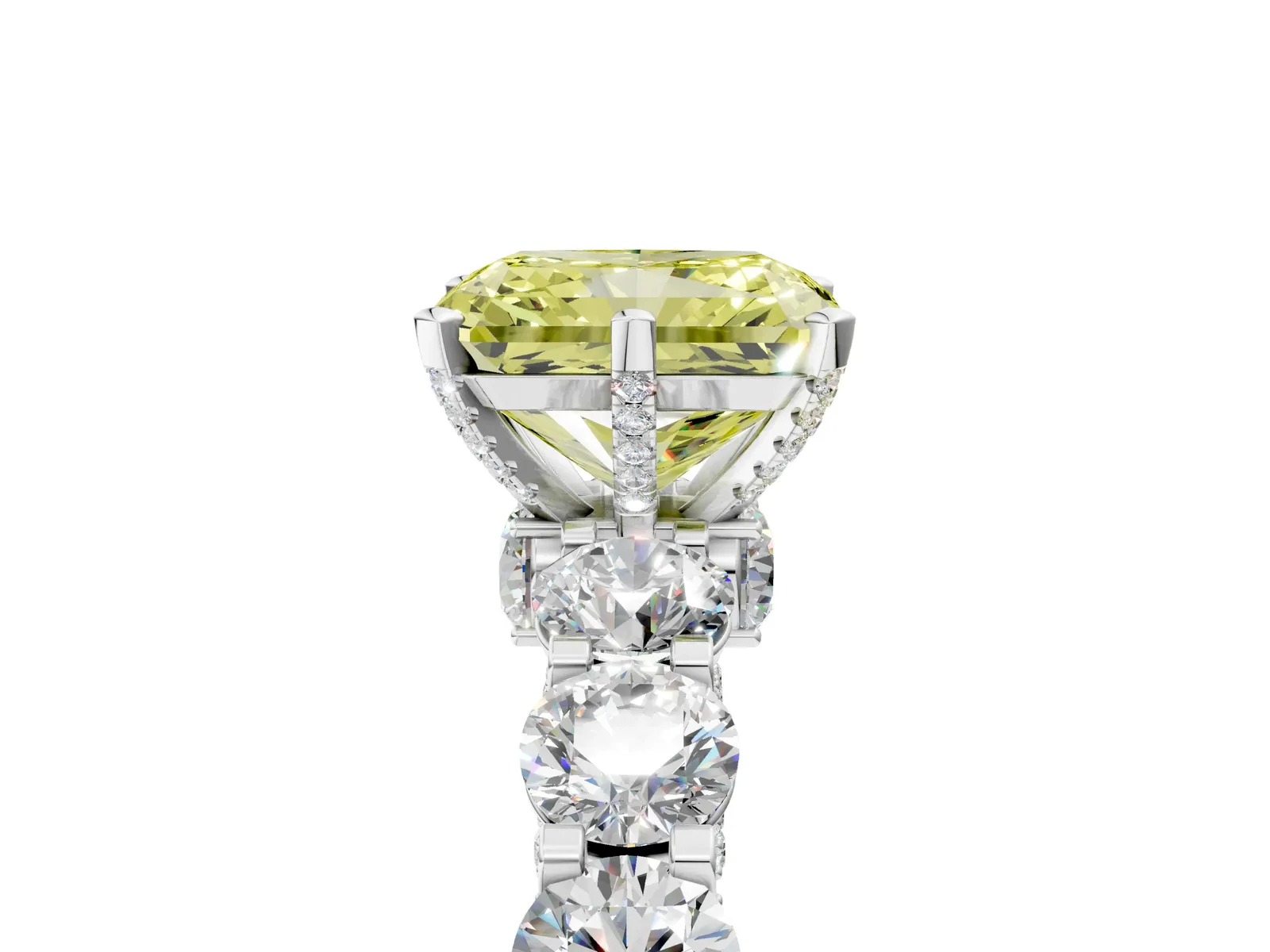 Fancy Yellow Radiant Cut Diamond Side Stone Engagement Ring with Four-Prong Setting Platinum