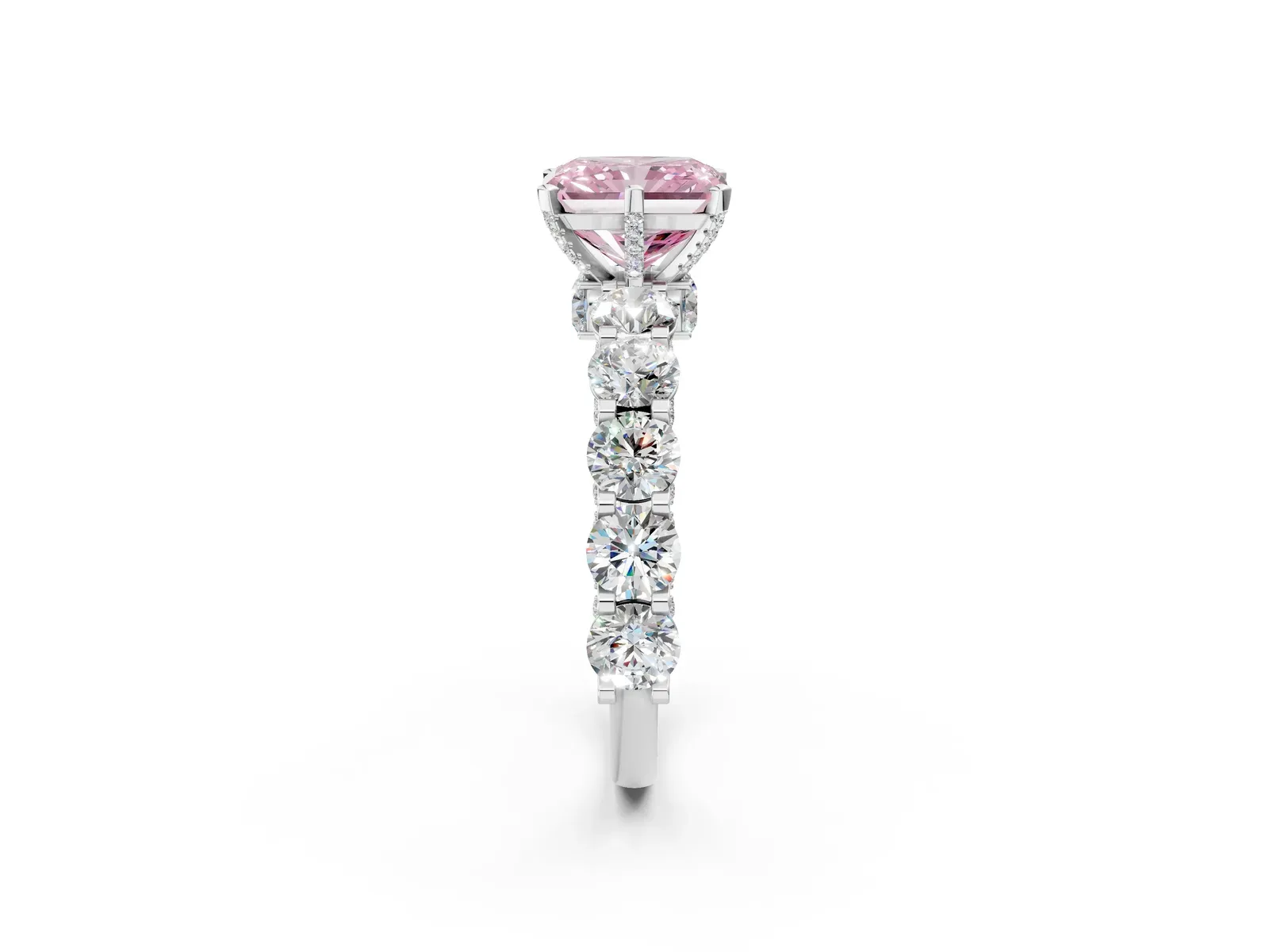 Fancy Pink Radiant Cut Diamond Side Stone Engagement Ring with Four-Prong Setting Platinum