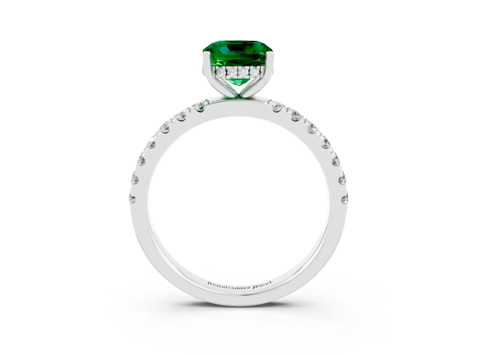 Cushion Cut Emerald Pave Band Solitaire Ring with Round and Prong Setting Platinum