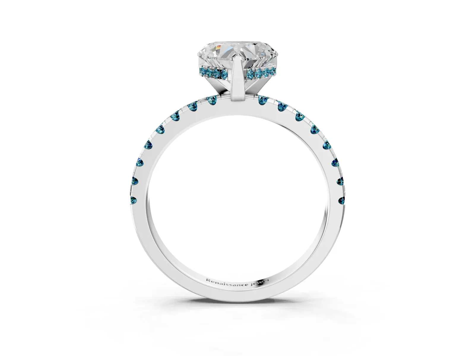 Heart Cut Diamond Solitaire Ring with Round Blue Topaz Pavé Band and Four-Prong Setting Platinum