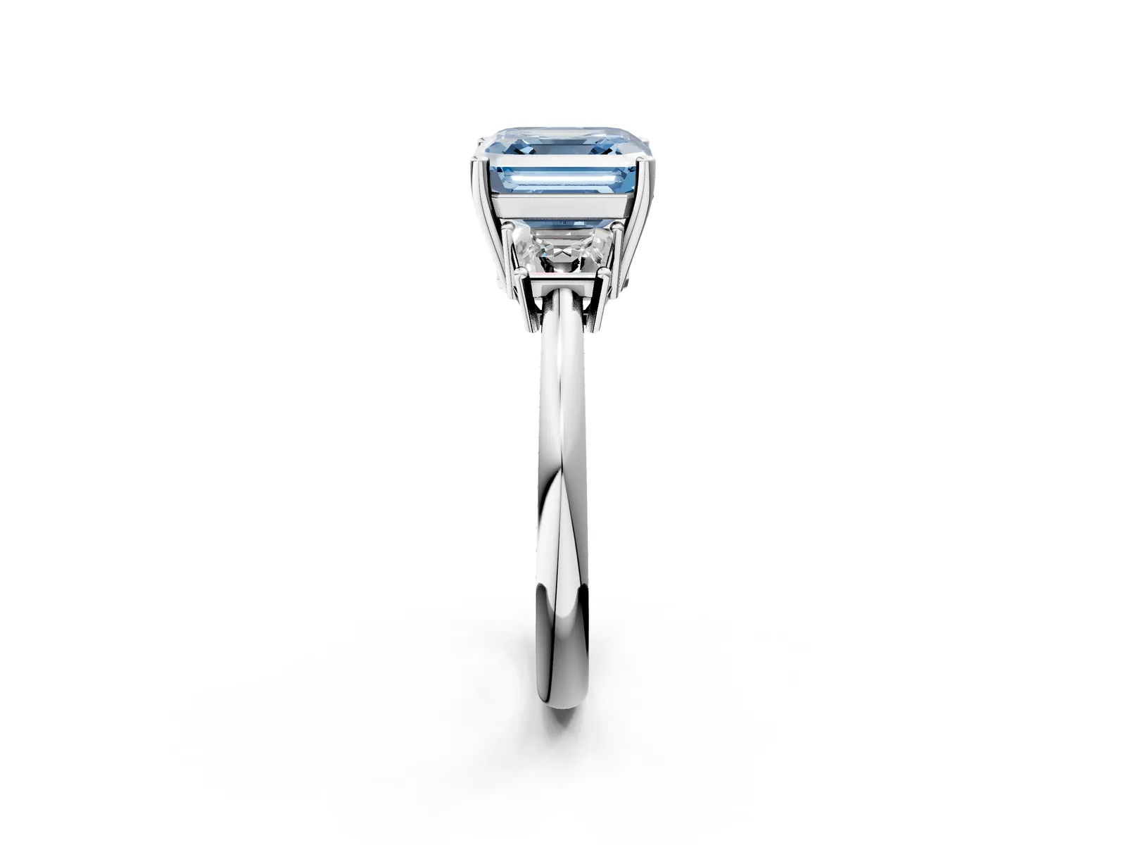 Fancy Blue Asscher Cut Diamond Three-Stone Ring with Trapezoid Side Stones and Prong Setting Platinum