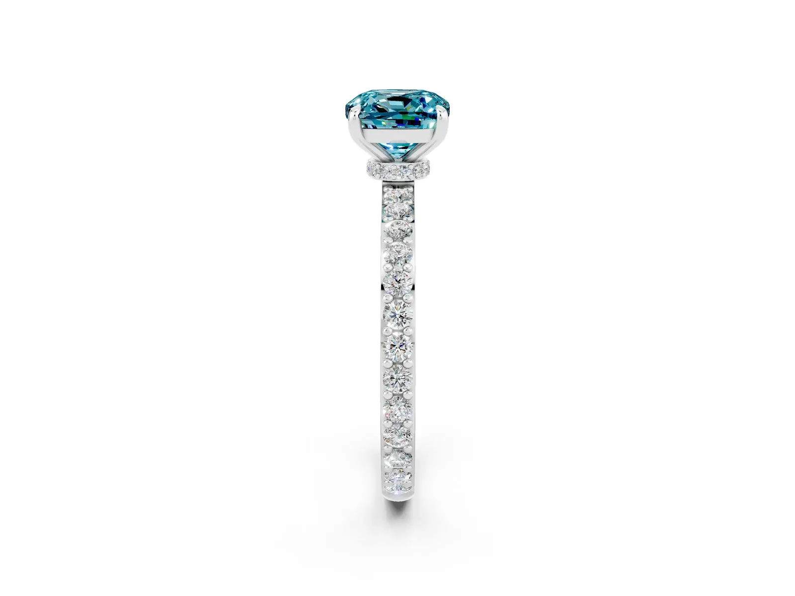 Cushion Cut Blue Topaz Solitaire Engagement Ring with Pavé Band and Four-Prong Setting Platinum