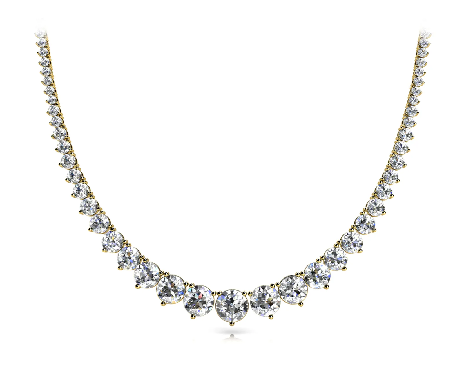 Round Cut Brilliant Graduated Diamond Tennis Necklace with Four-Prong Setting Yellow gold