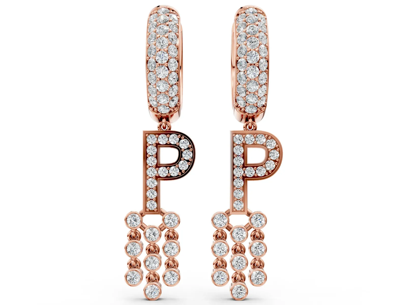 Round Diamond Initial P Huggie Hoop Earrings Rose gold