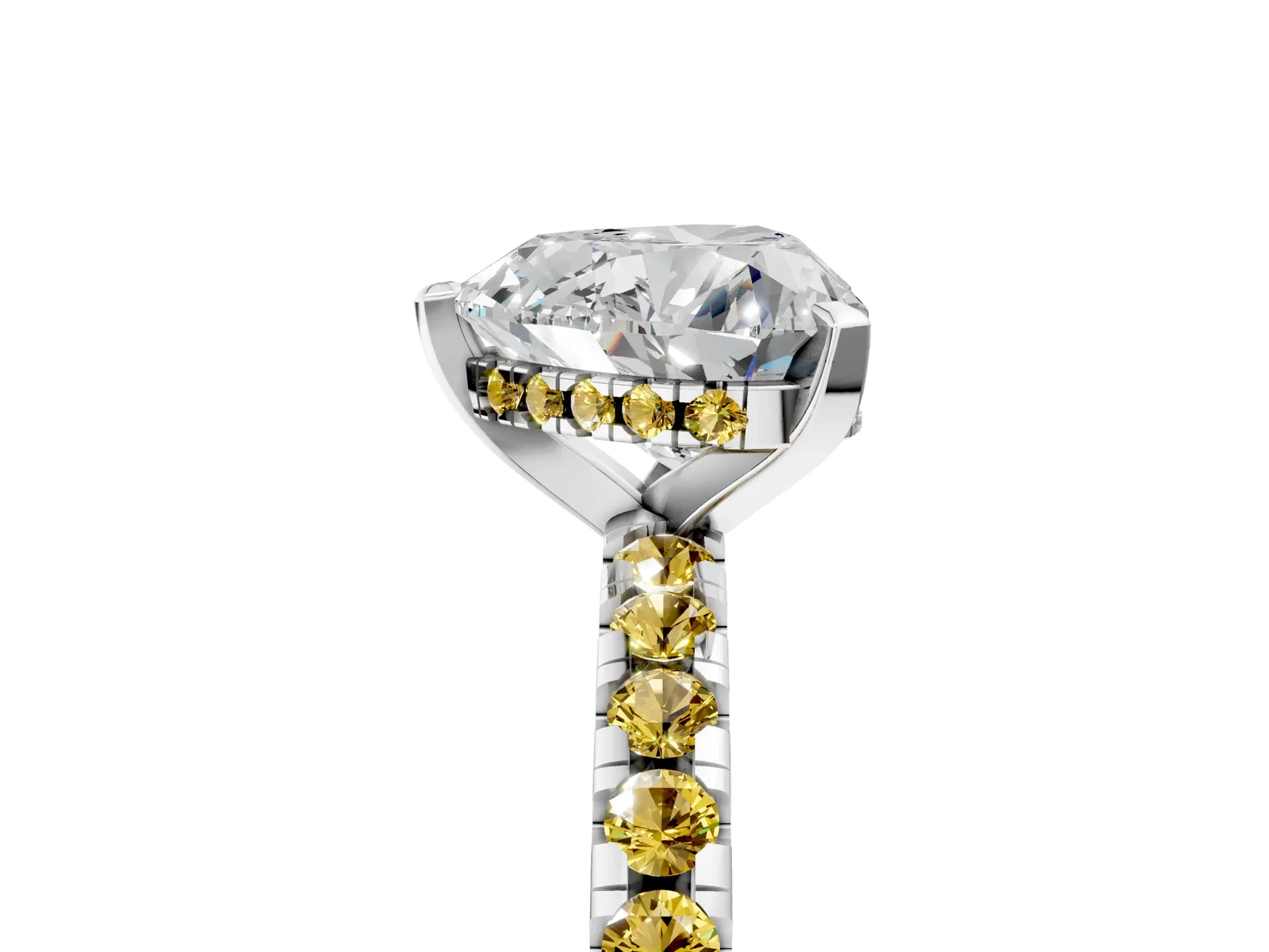 Heart Cut Diamond Solitaire Ring with Round Yellow Sapphire Pavé Band and Four-Prong Setting Platinum