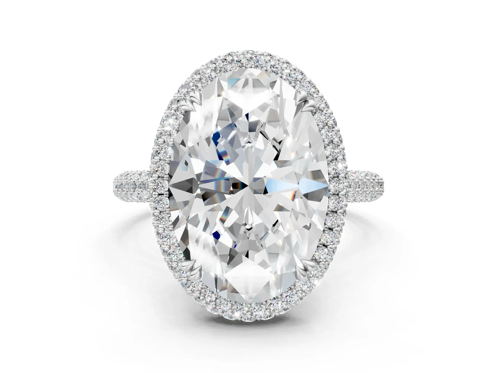 Oval Diamond Halo Ring with Round Diamond Accents White gold