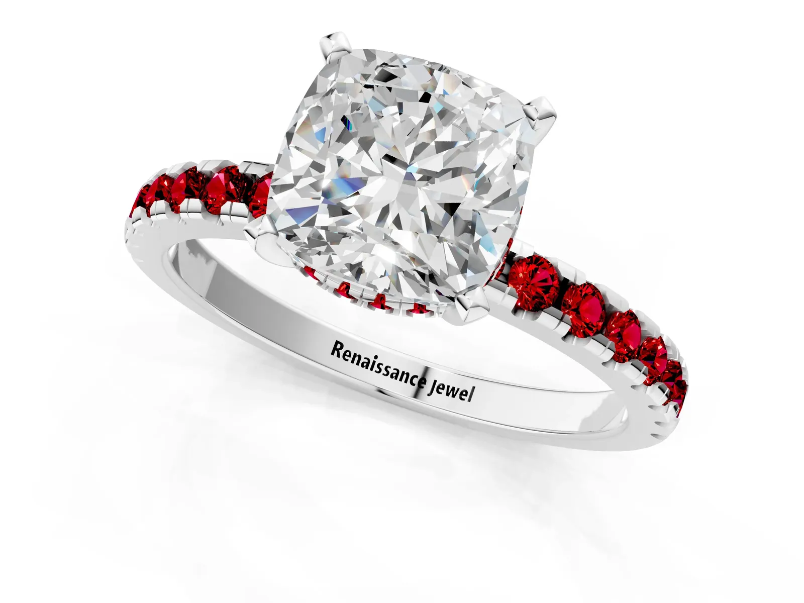 Cushion Cut Diamond Solitaire Ring with Round Ruby Pavé Band and Four-Prong Setting Platinum