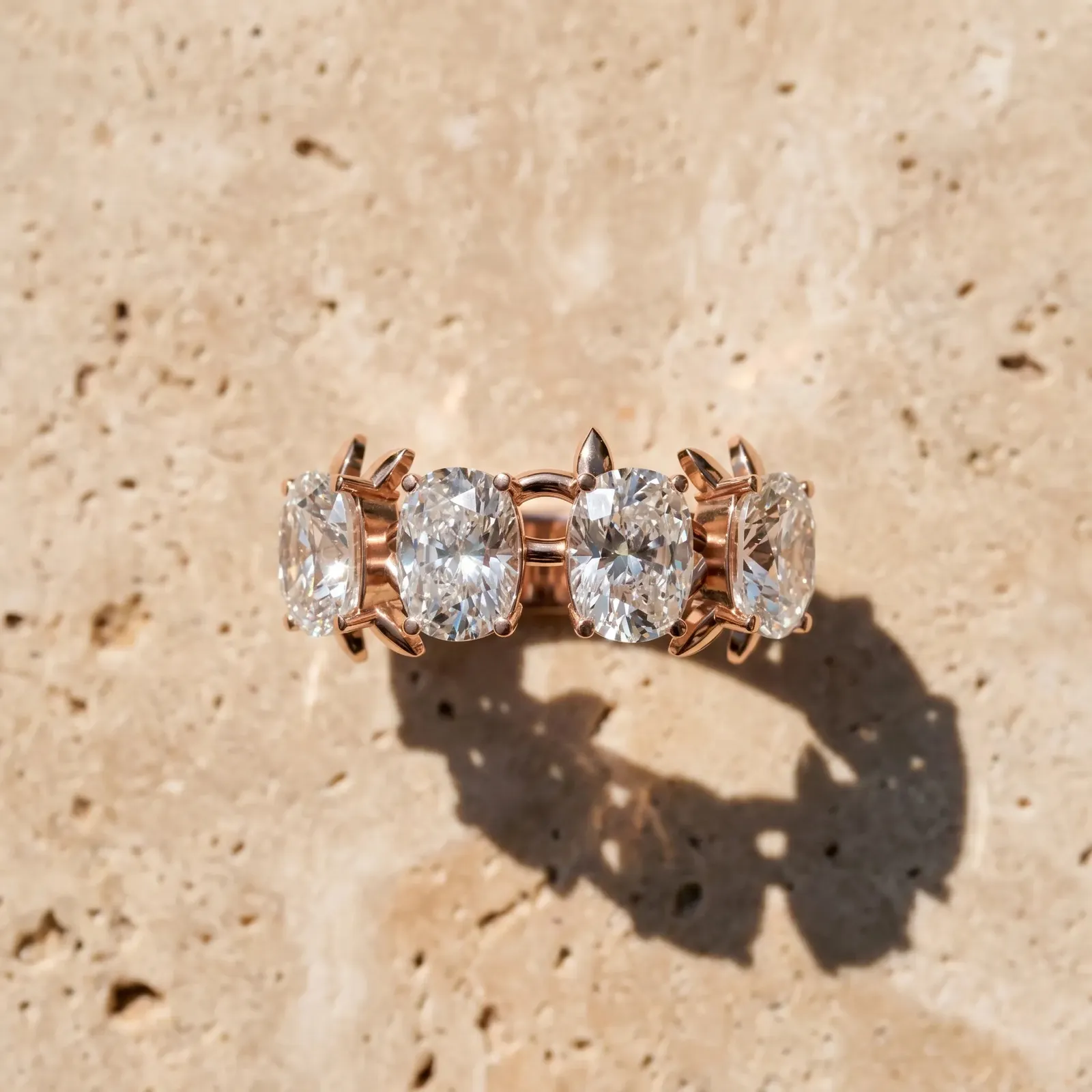Four-Stone Elongated Cushion Diamond Band with Nature-Inspired Prong Setting Rose gold
