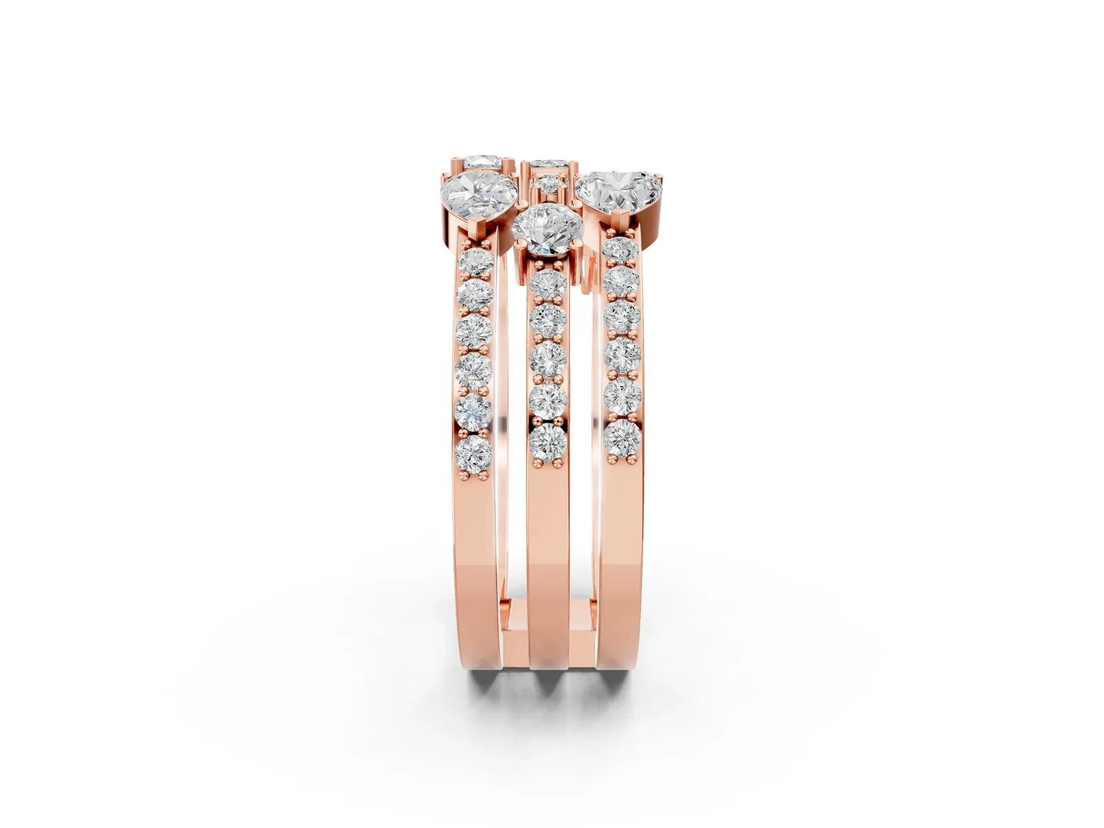 Mixed Shape Diamond Multi Row Promise Ring with Round Diamond Accents Rose gold