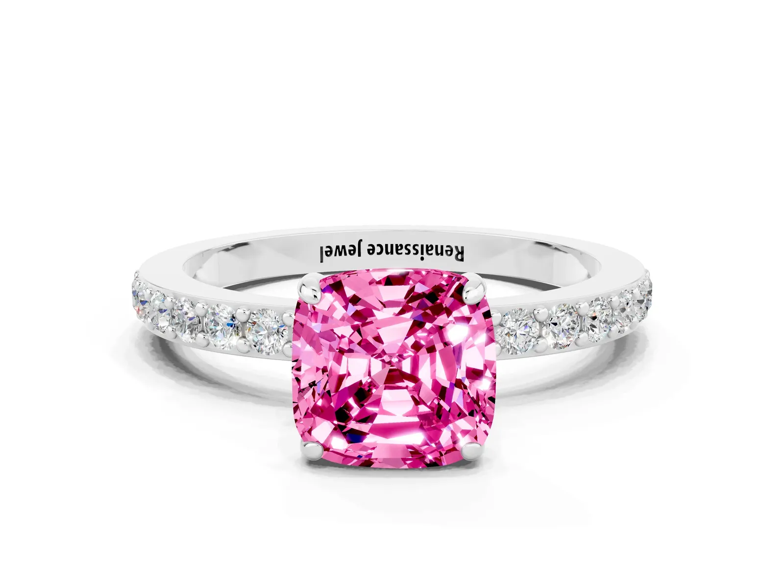 Cushion Cut Pink Sapphire Solitaire Engagement Ring with Pavé Band and Four-Prong Setting Platinum