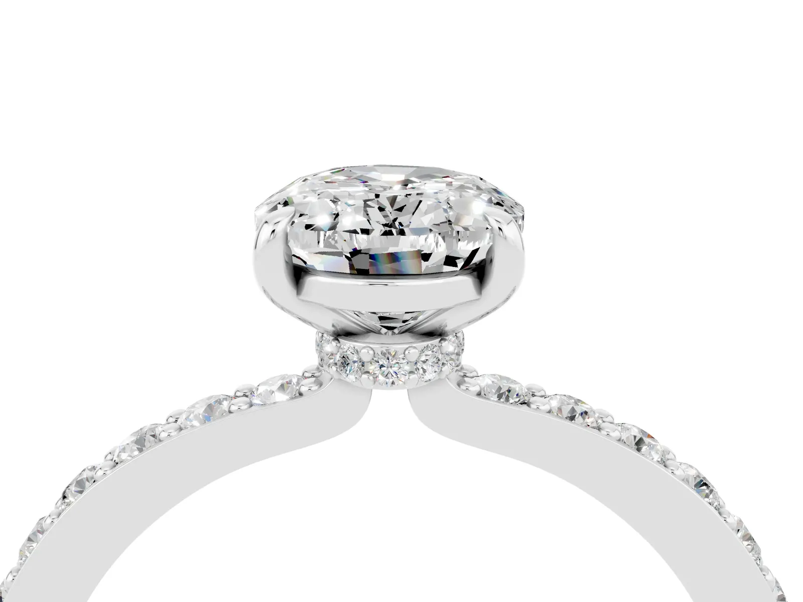 Oval Cut Moissanite Solitaire Engagement Ring with Pavé Band and Four-Prong Setting Platinum
