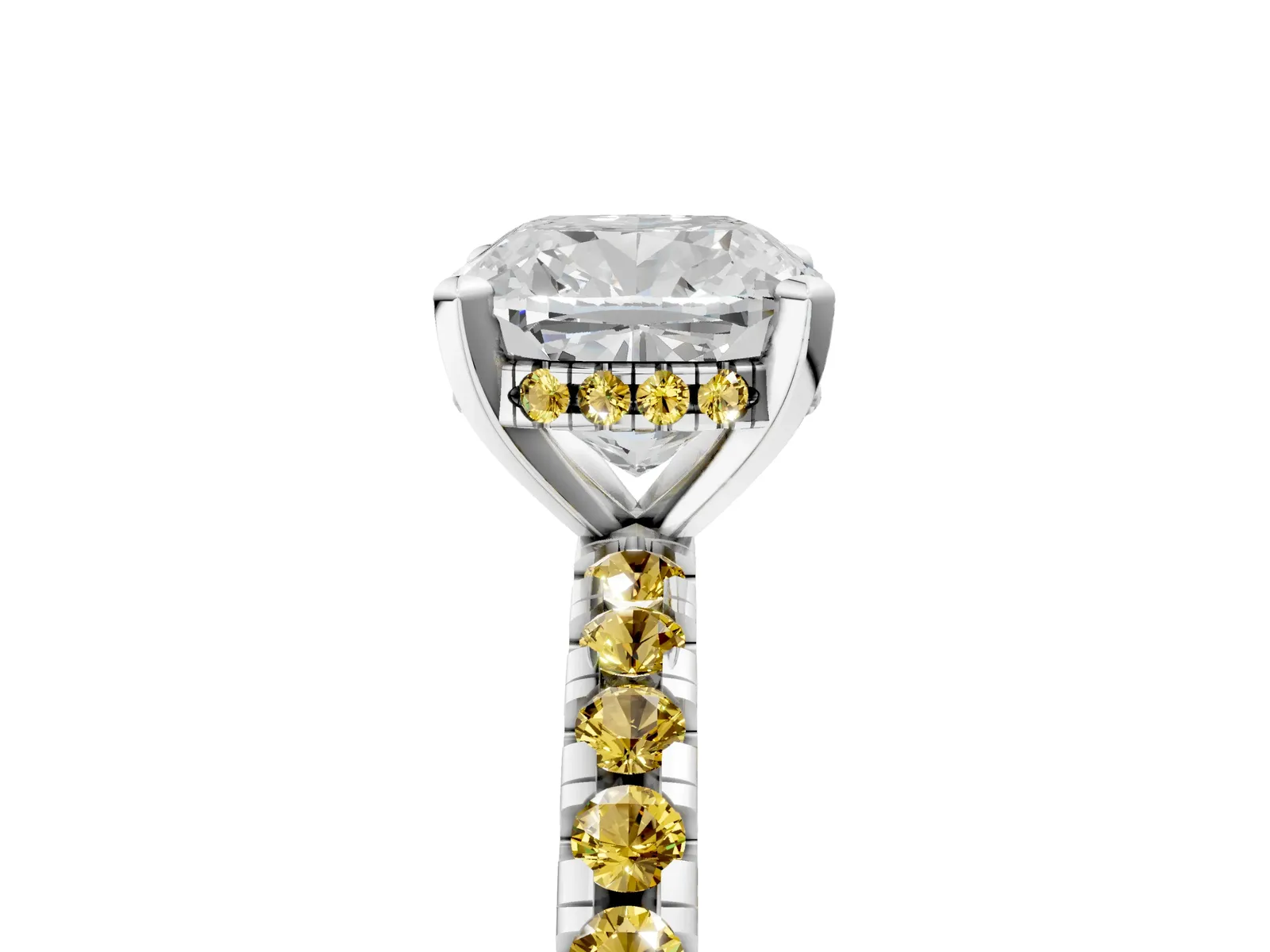 Cushion Cut Diamond Solitaire Ring with Round Yellow Sapphire Pavé Band and Four-Prong Setting Platinum