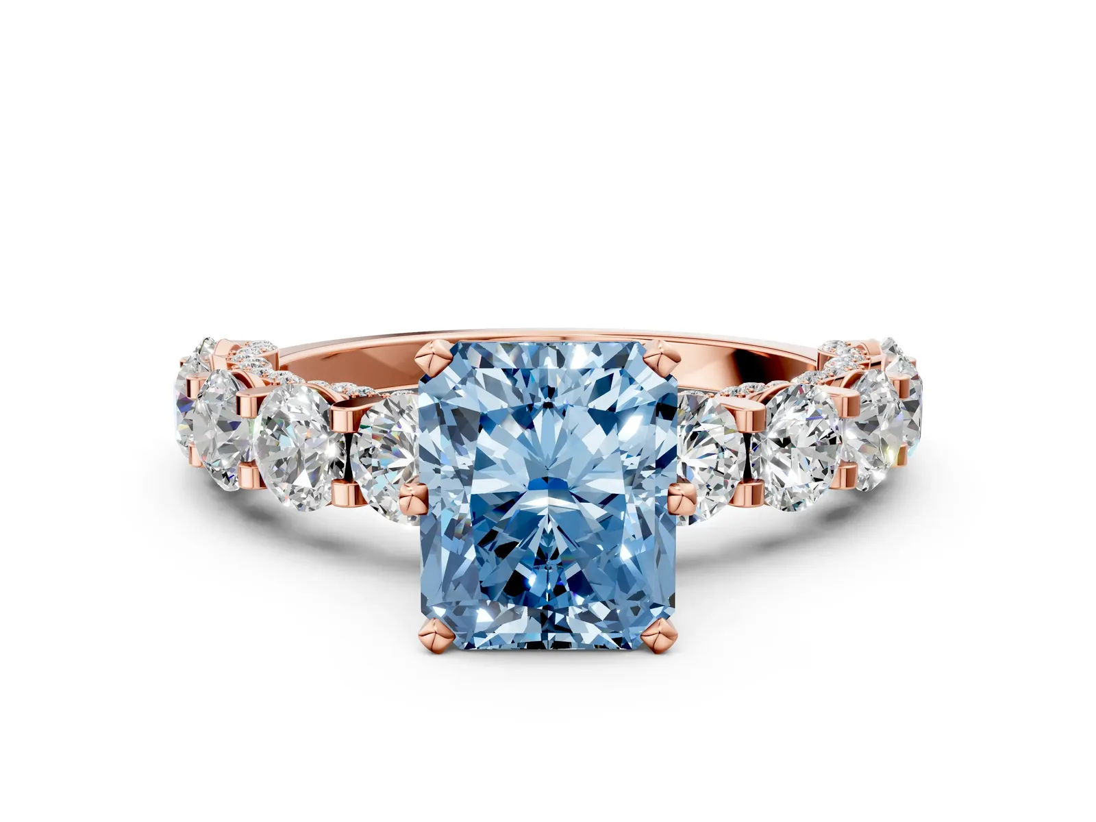 Fancy Blue Radiant Cut Diamond Side Stone Engagement Ring with Four-Prong Setting Rose gold