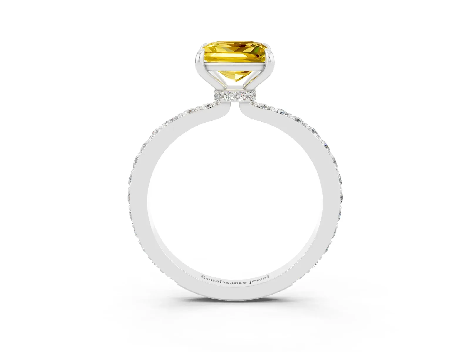 Princess Cut Yellow Sapphire Solitaire Engagement Ring with Pavé Band and Four-Prong Setting Platinum