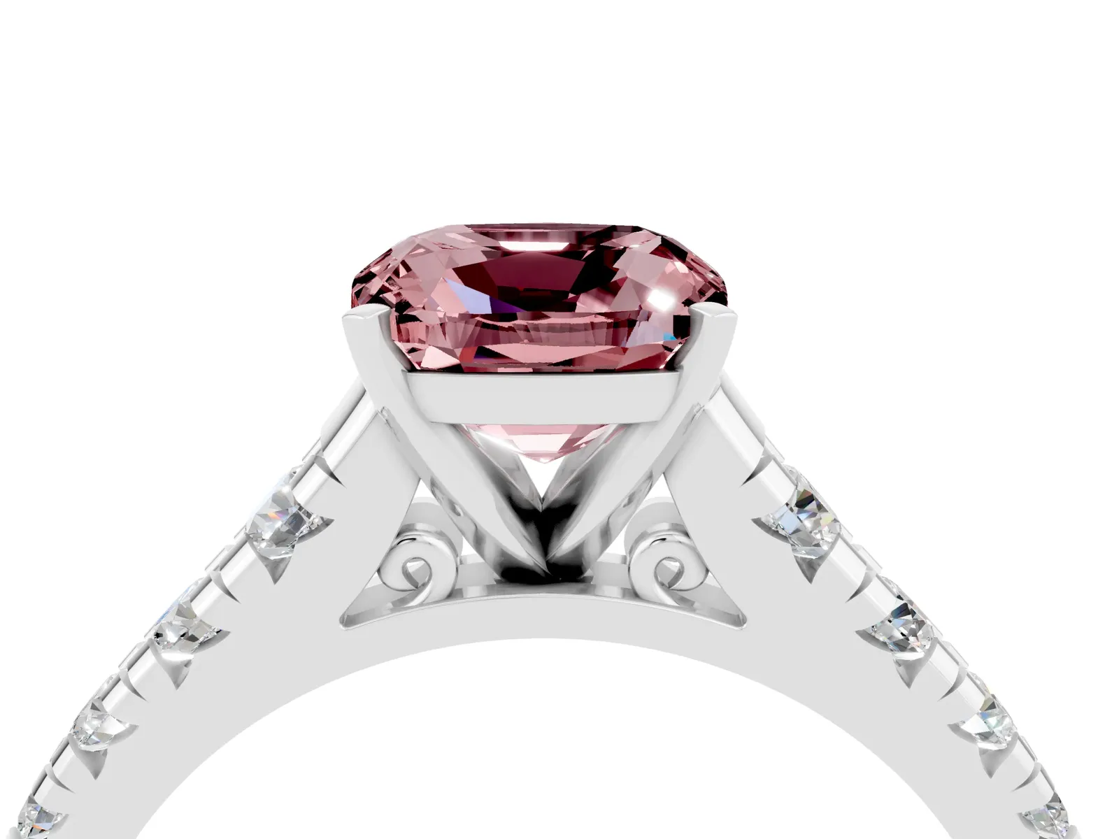 Cushion Cut Morganite Cathedral Solitaire Ring with Round Pavé Band Platinum