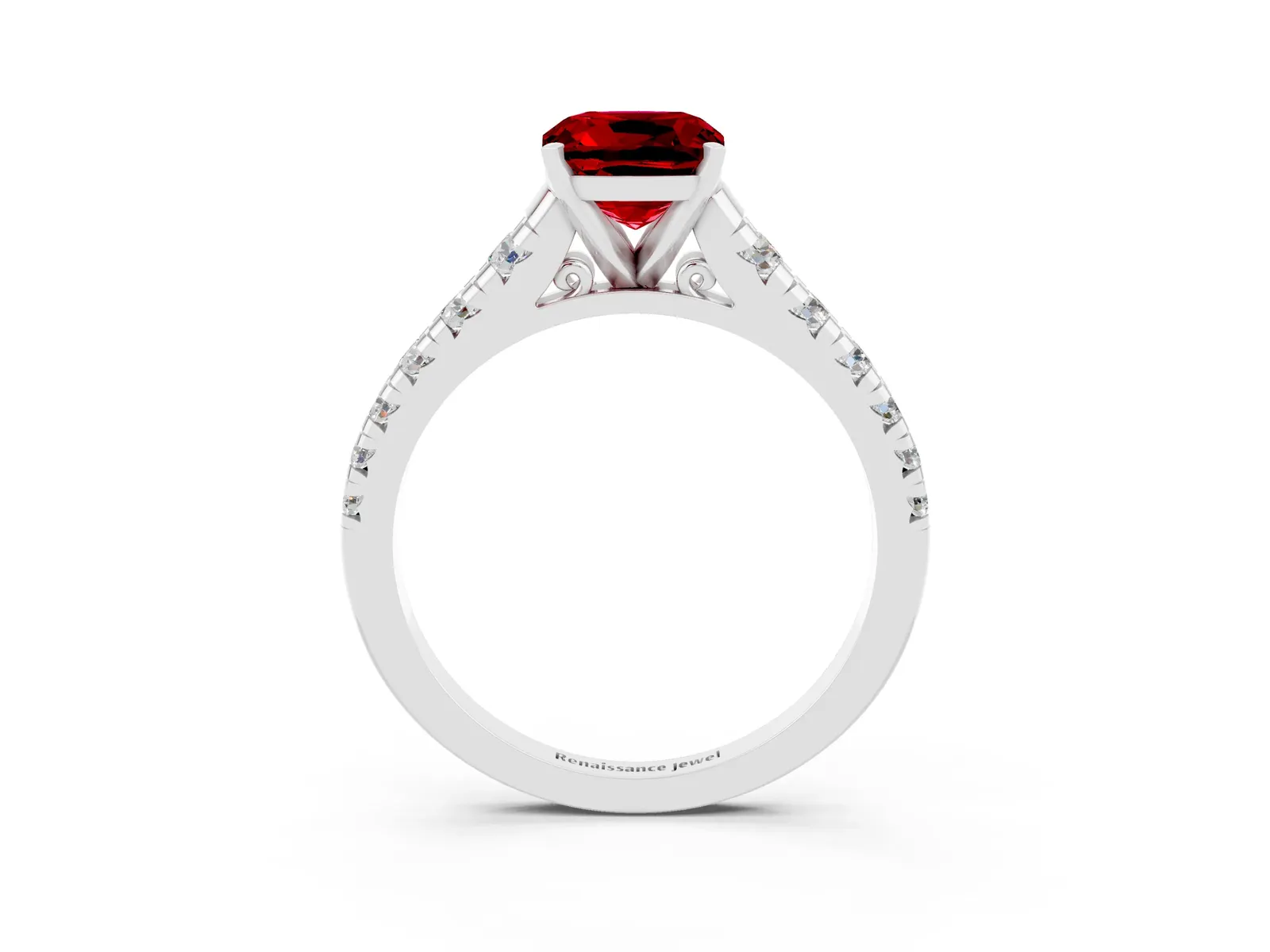 Cushion Cut Ruby Cathedral Solitaire Ring with Round Pavé Band Platinum