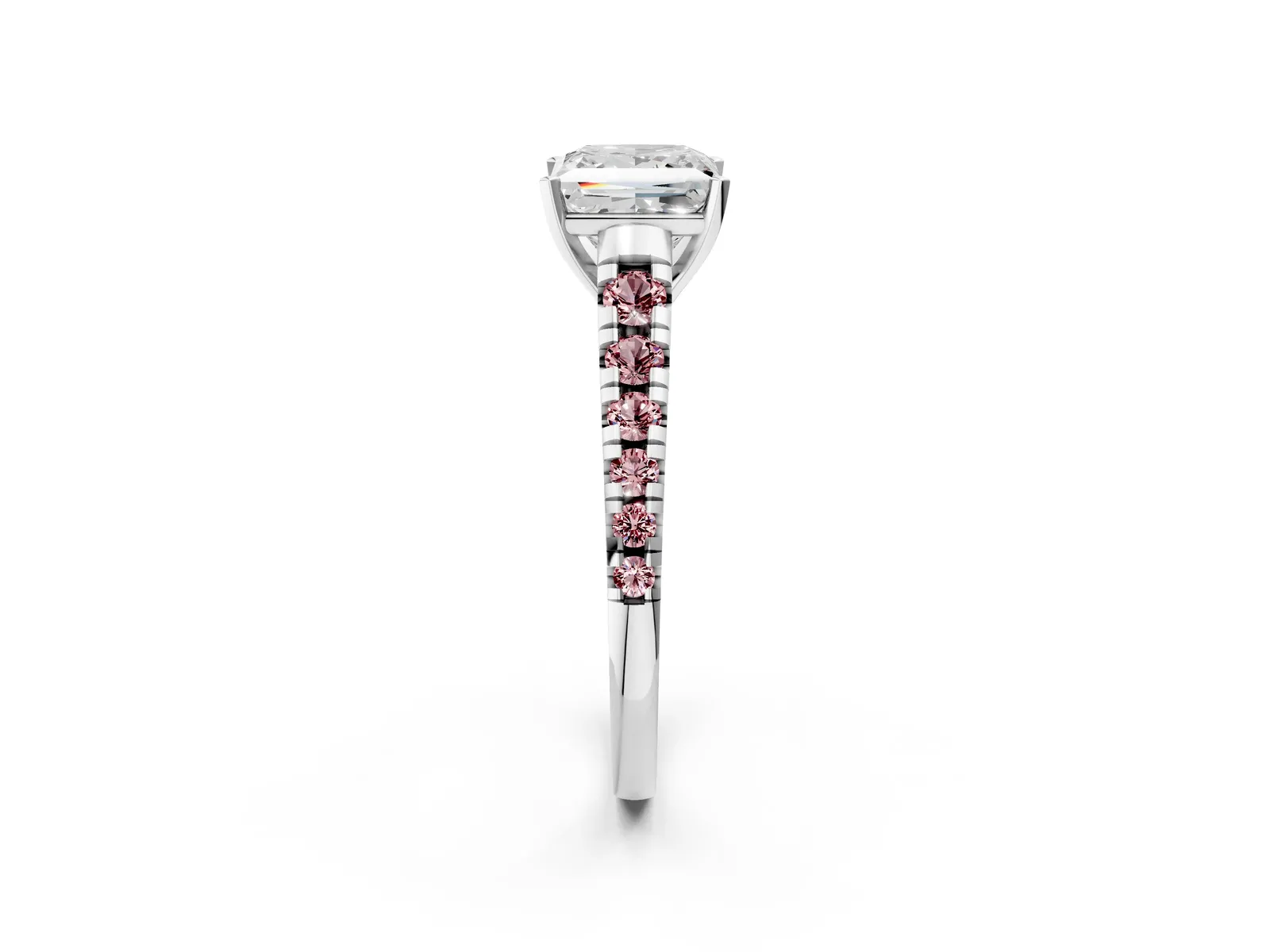 Princess Cut Diamond Cathedral Solitaire Ring with Round Morganite Pavé Band Platinum