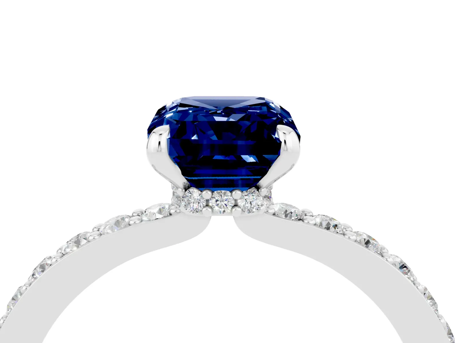 Emerald Cut Blue Sapphire Solitaire Engagement Ring with Pavé Band and Four-Prong Setting Platinum