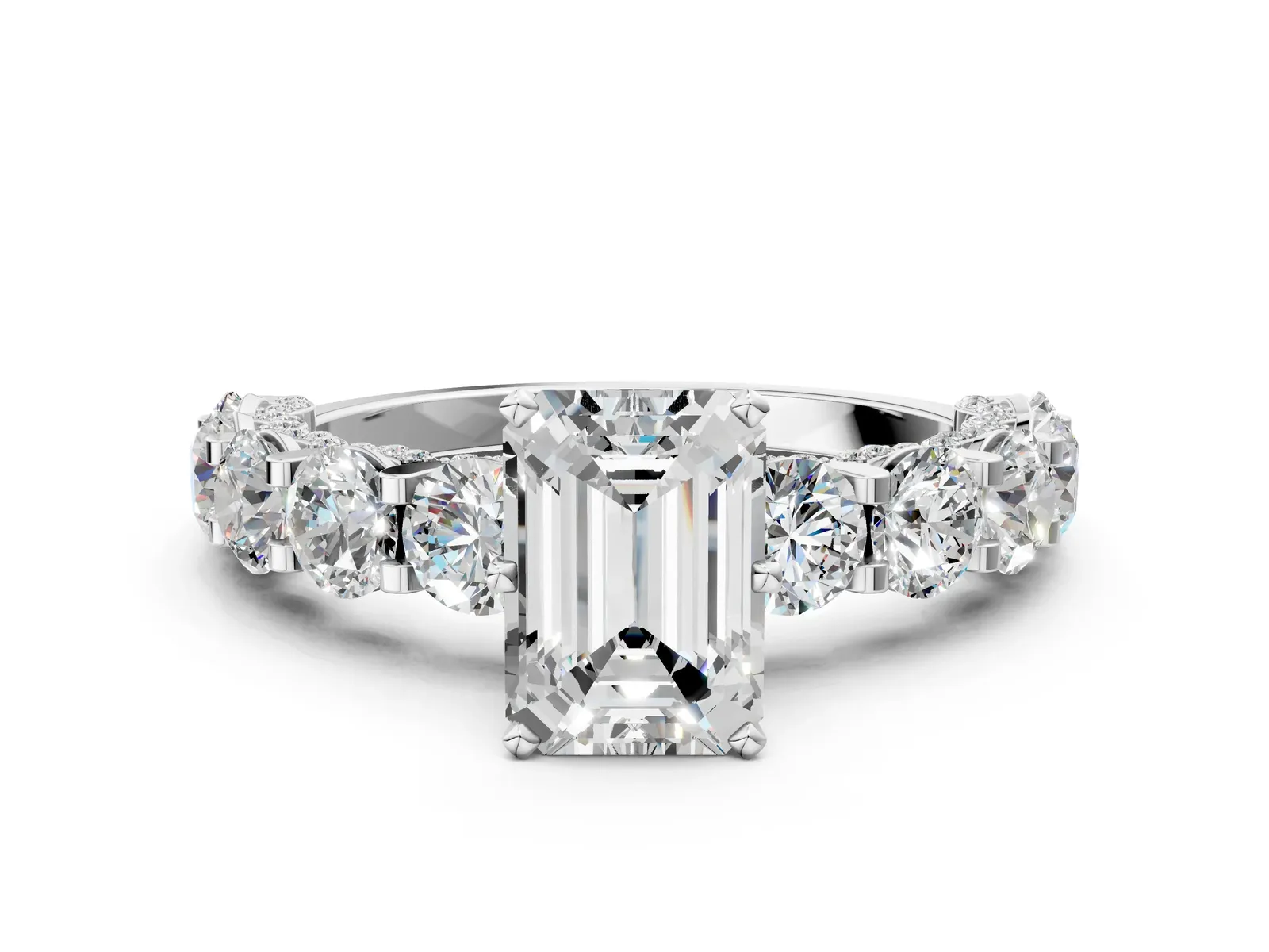Emerald Cut Diamond Side Stone Engagement Ring with Four-Prong Setting White gold