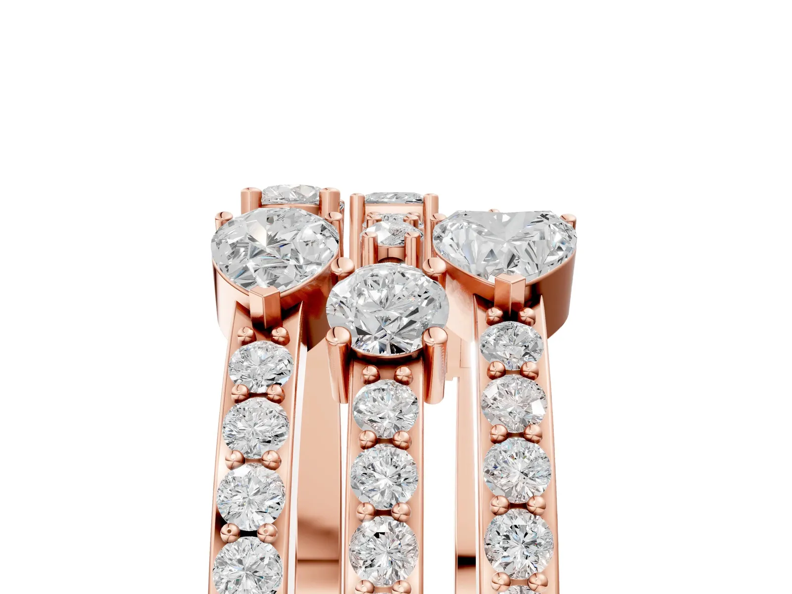Mixed Shape Diamond Multi Row Promise Ring with Round Diamond Accents Rose gold