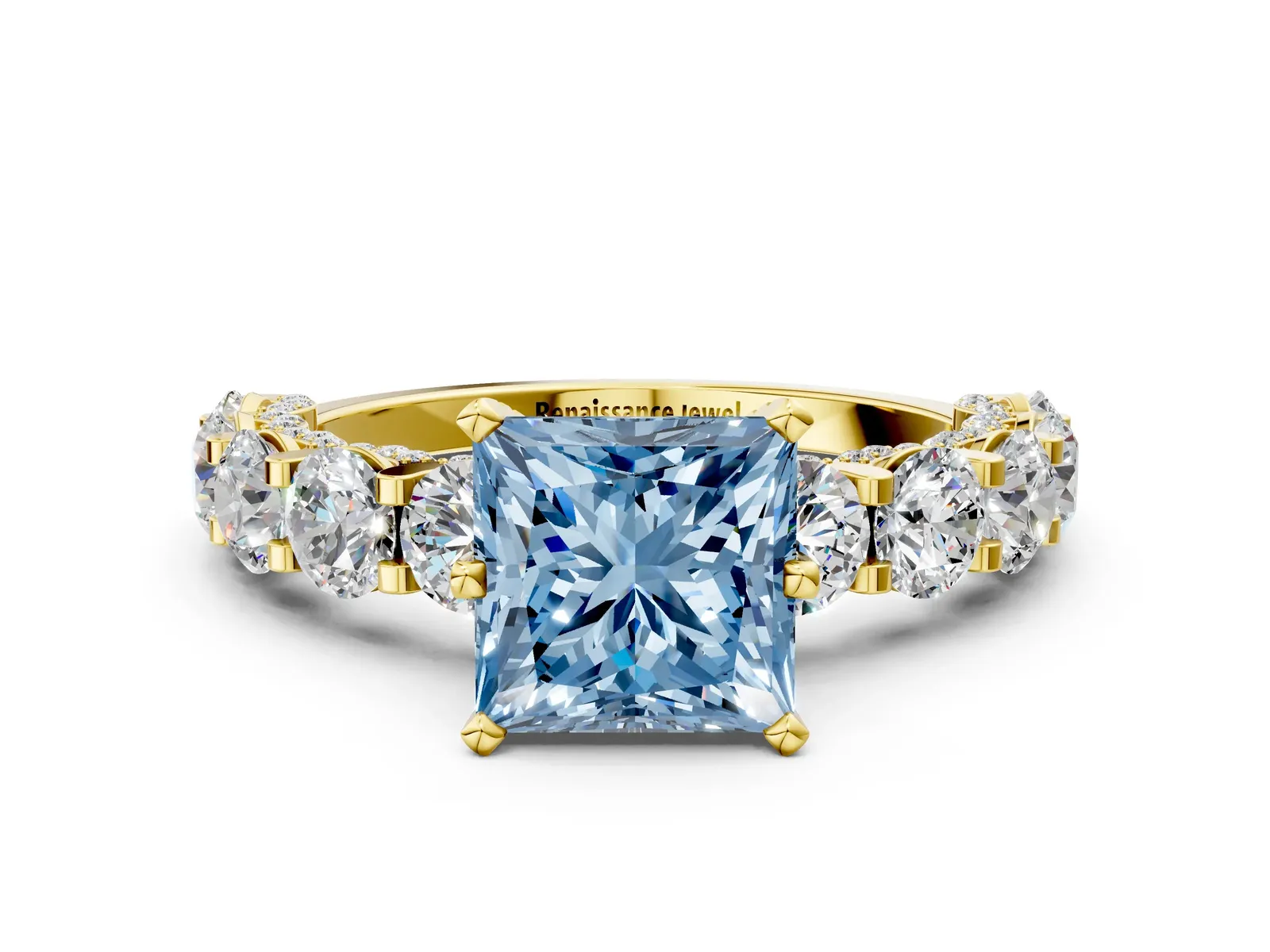 Fancy Blue Princess Cut Diamond Side Stone Engagement Ring with Four-Prong Setting Yellow gold