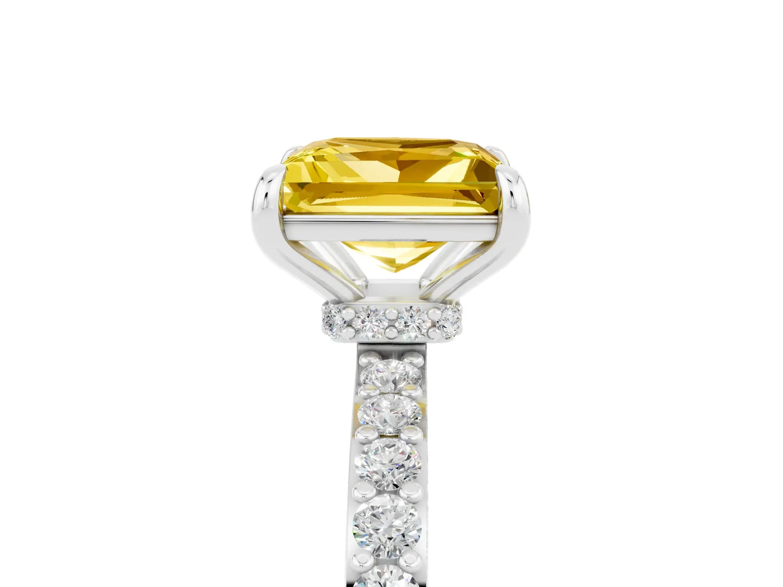 Princess Cut Yellow Sapphire Solitaire Engagement Ring with Pavé Band and Four-Prong Setting Platinum
