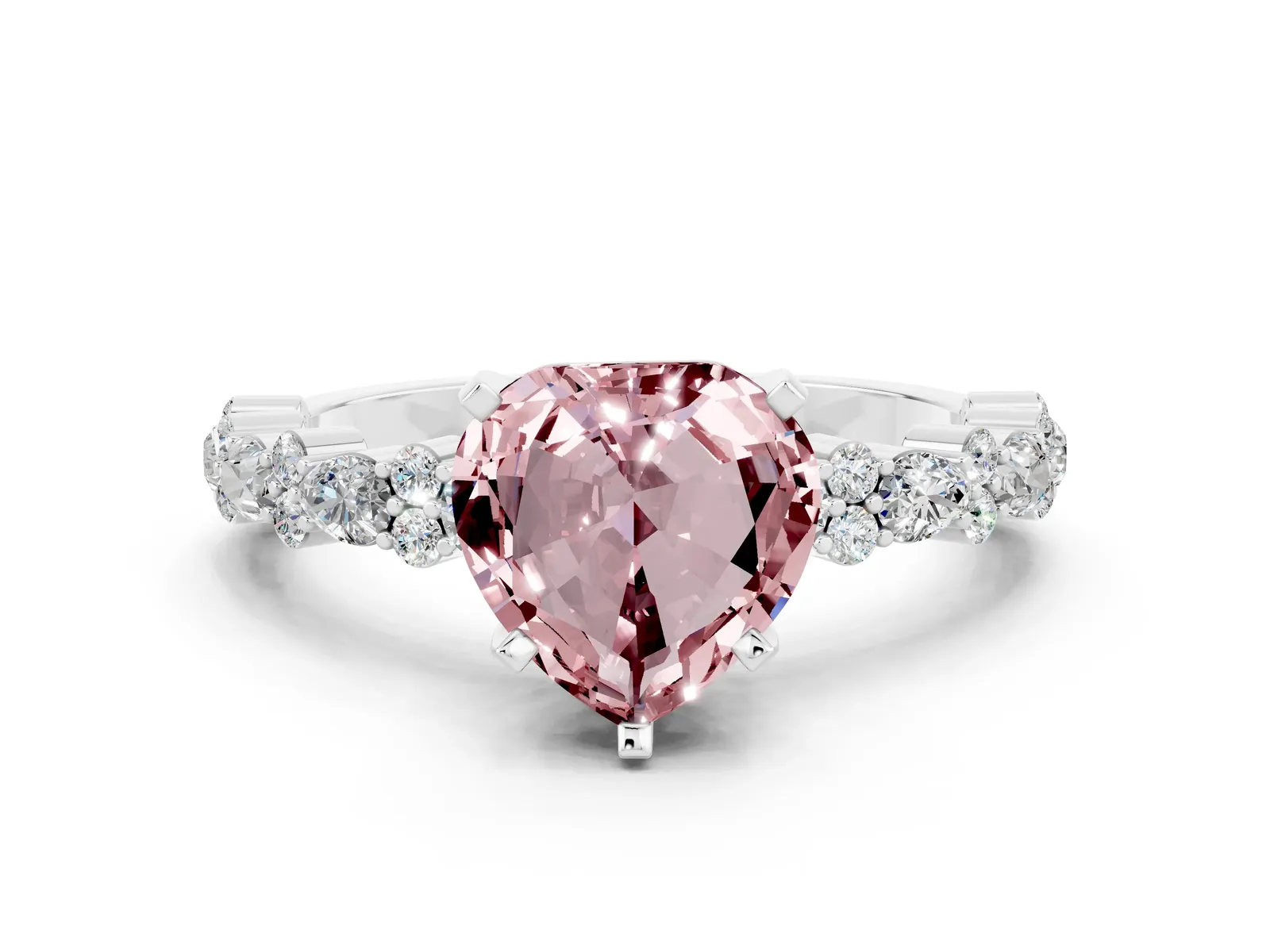 Heart Cut Morganite Side Stone Solitaire Ring with Round and Four-Prong Setting Platinum