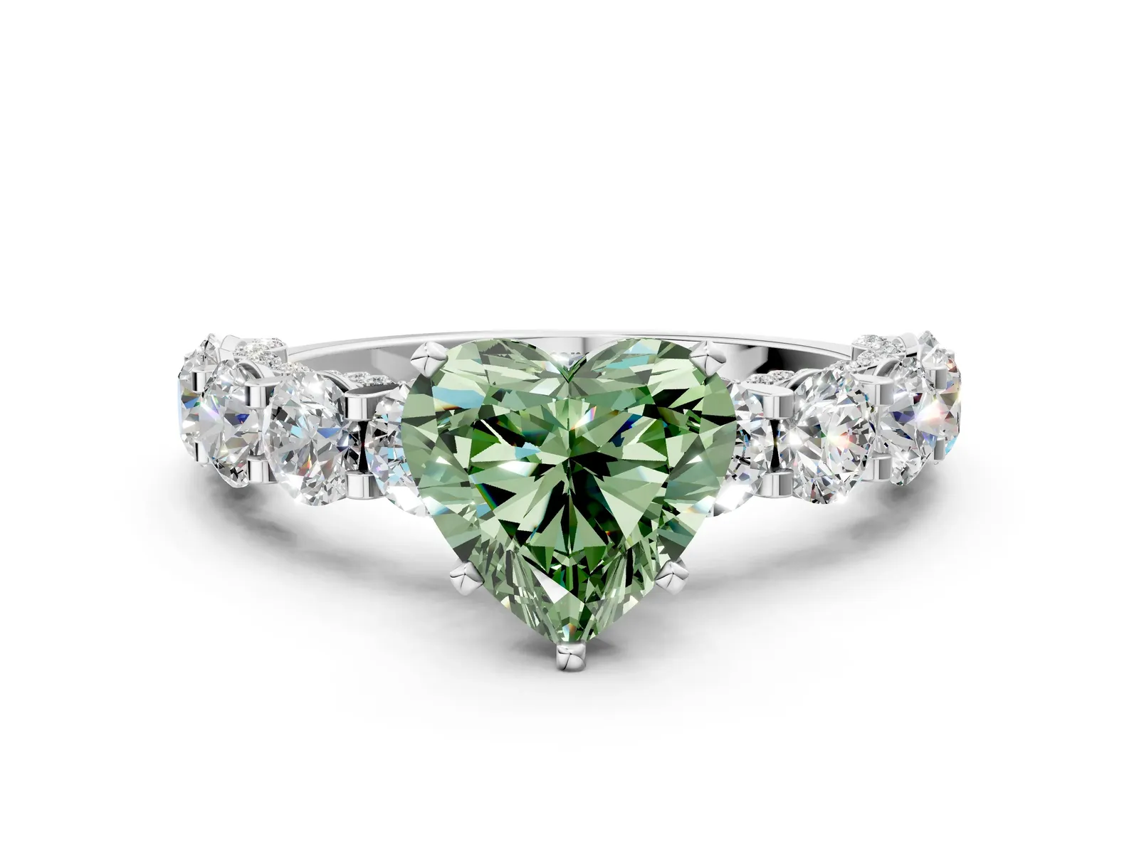 Fancy Green Heart Cut Diamond Side Stone Engagement Ring with Four-Prong Setting White gold
