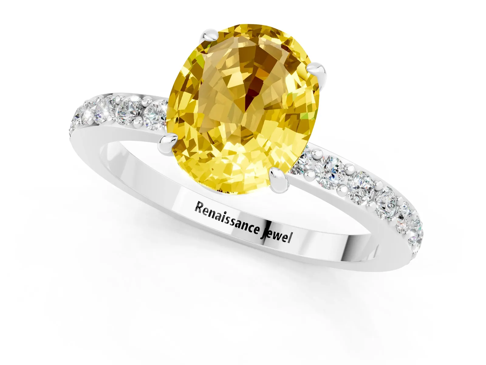 Oval Cut Yellow Sapphire Solitaire Engagement Ring with Pavé Band and Four-Prong Setting Platinum