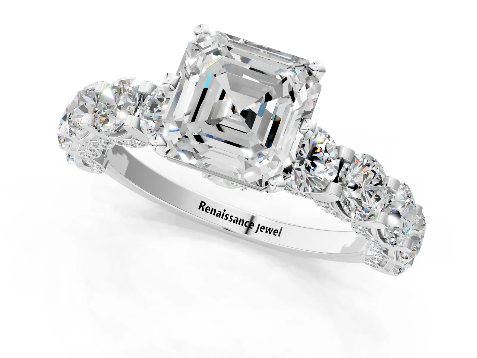 Asscher Cut Diamond Side Stone Engagement Ring with Four-Prong Setting Silver