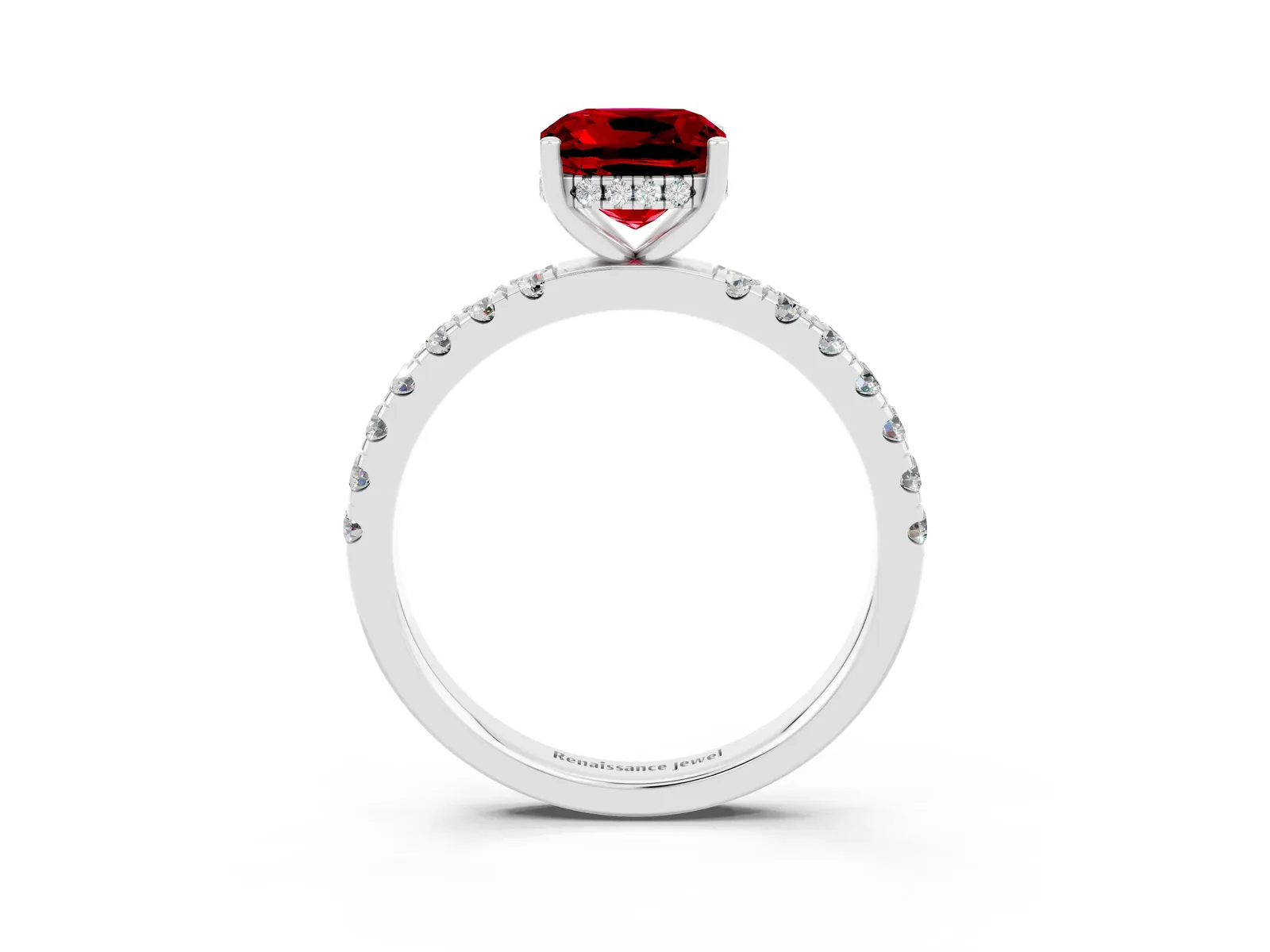 Cushion Cut Ruby Pave Band Solitaire Ring with Round and Prong Setting Platinum