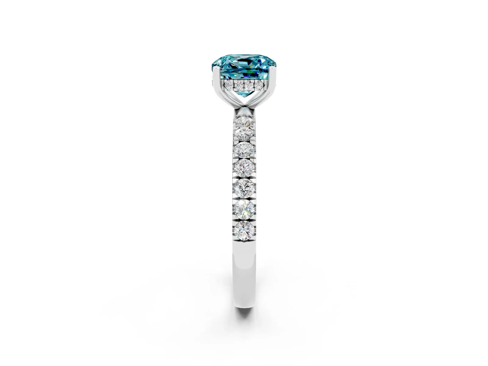 Cushion Cut Blue Topaz Pave Band Solitaire Ring with Round and Prong Setting Platinum