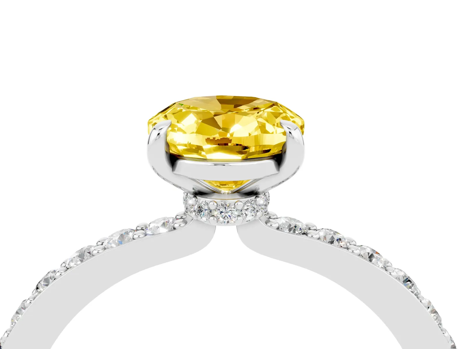 Oval Cut Yellow Sapphire Solitaire Engagement Ring with Pavé Band and Four-Prong Setting Platinum