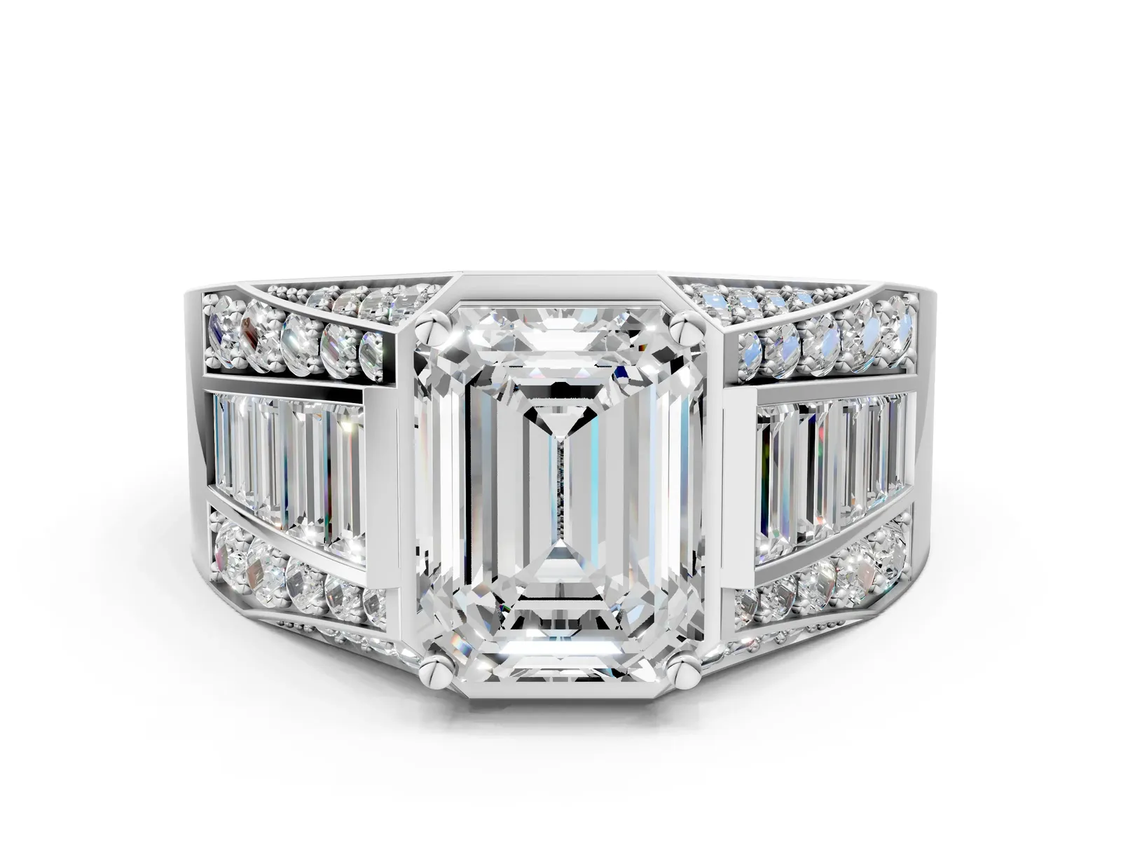Emerald Cut Diamond Mens Ring with Baguette Side Stones White gold