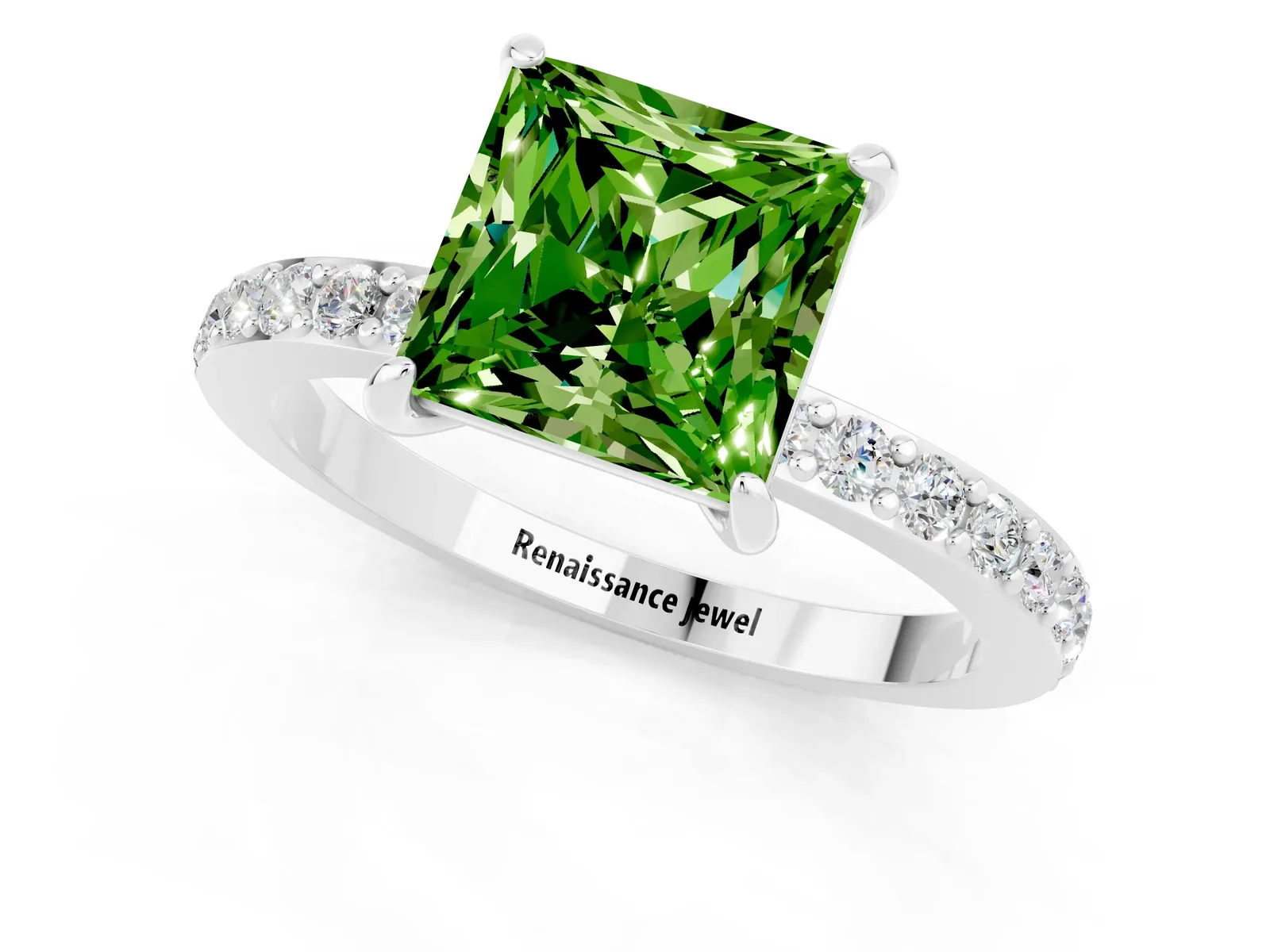 Princess Cut Peridot Solitaire Engagement Ring with Pavé Band and Four-Prong Setting Platinum