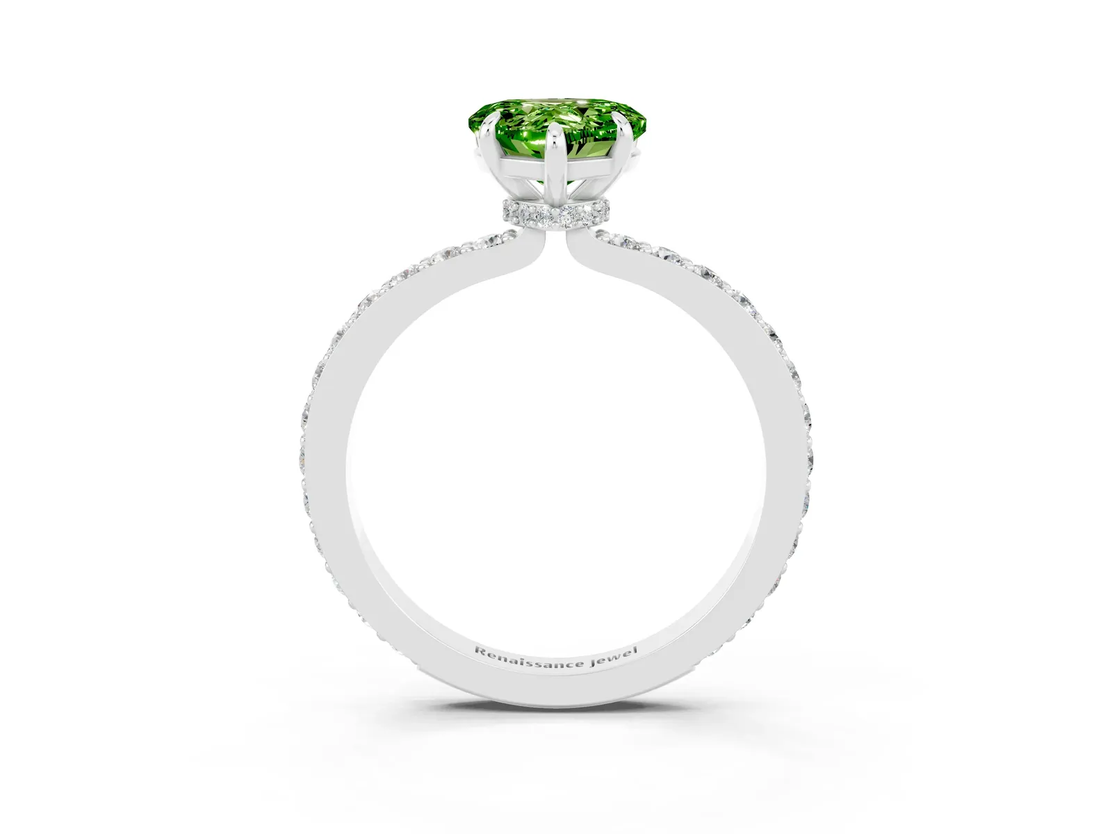 Heart Cut Peridot Solitaire Engagement Ring with Pavé Band and Four-Prong Setting Platinum