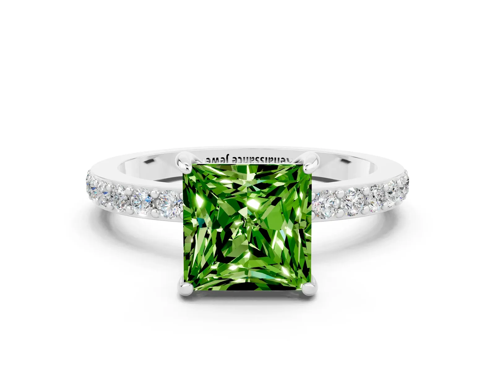 Princess Cut Peridot Solitaire Engagement Ring with Pavé Band and Four-Prong Setting Platinum