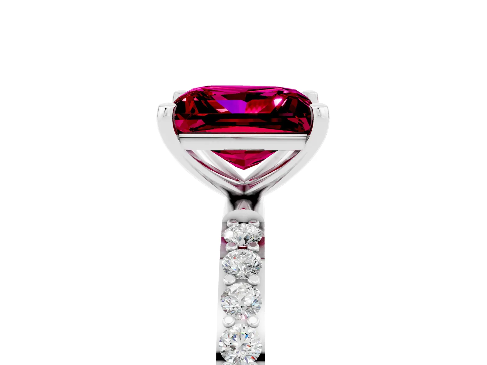 Princess Cut Garnet Solitaire Ring with Round Pavé Band and Prong Setting Platinum