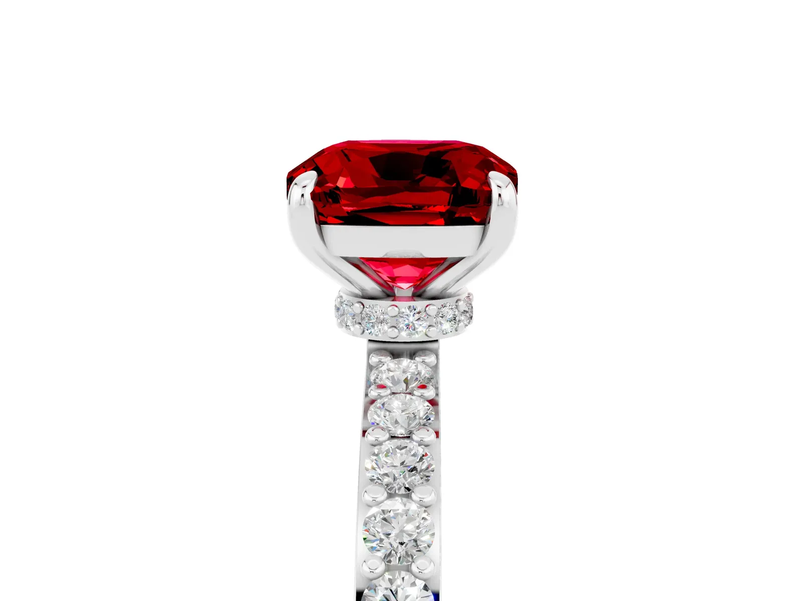 Cushion Cut Ruby Solitaire Engagement Ring with Pavé Band and Four-Prong Setting Platinum