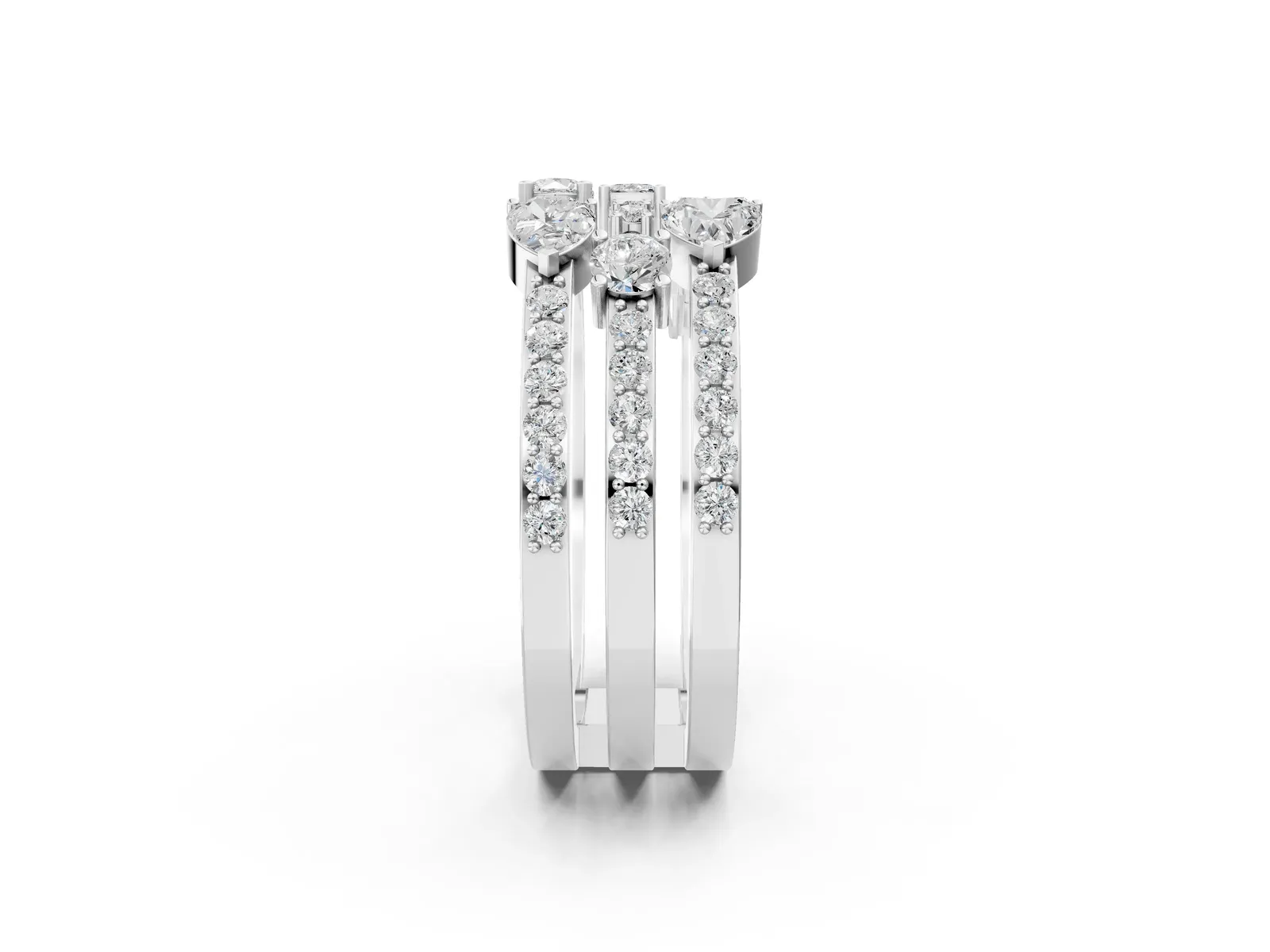 Mixed Shape Diamond Multi Row Promise Ring with Round Diamond Accents White gold