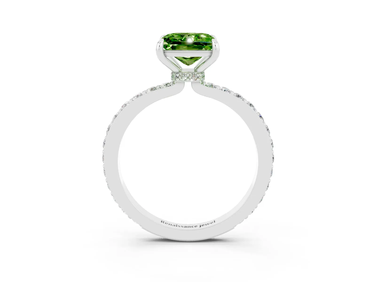 Princess Cut Peridot Solitaire Engagement Ring with Pavé Band and Four-Prong Setting Platinum